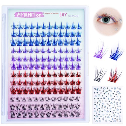 144PCS Colored Lash Clusters DIY Eyelash Extension, AMilHiTon Faux Mink, 10 12 14mm D Curl 4 Colored Natural Wispy False Eye Lashes for Halloween Cosplay Party at Home Art (8232 Mixed)