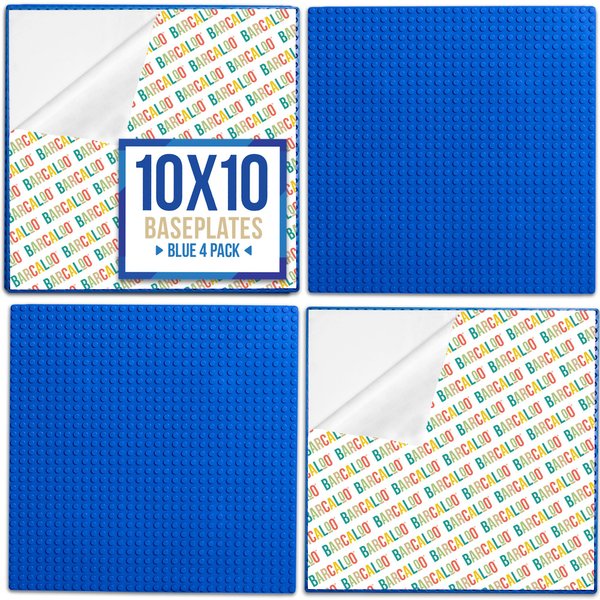 Barcaloo Peel and Stick Self Adhesive Baseplates Mat, Compatible with Base Plates Multipack, Panels for Table Top Play - 10 Inch x 10 Inch Adhesive Building Brick Play Wall Panel, 4 Blue