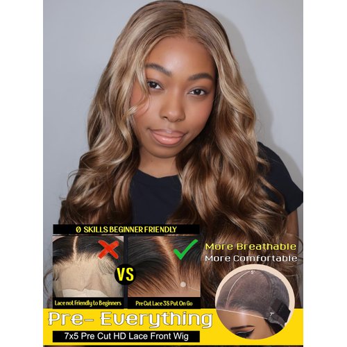Sunber Bye Bye Knots Glueless Wig Body Wave 7x5 Lace Front Wigs Invisible Knots Lace Front Wigs Human Hair Honey Blonde Highlight Pre Everything Wig Pre Plucked Pre Cut Highlight Piano Blonde 20Inch