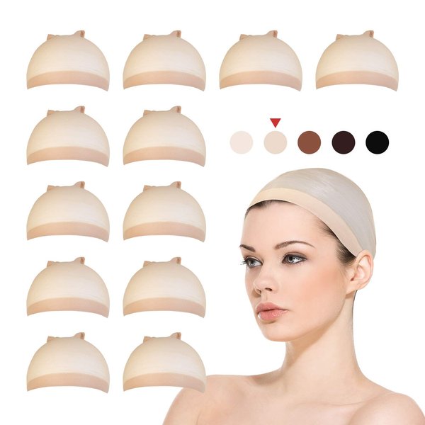 STUDIO LIMITED 12 PCS Perfect Fit Ultra Thin & Expandable Stocking Wig Cap, Each pack contains 2 wig caps (6 pack, Natural Beige)