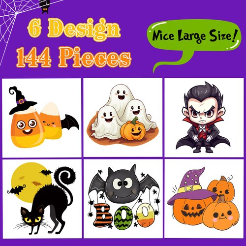 RINOLY 144 PCS Halloween Tattoos for Kids,2 Inch Halloween Temporary Tattoos Stickers,Halloween Party Favors Goodie Bag Fillers Gifts for Boys Girls,6 Designs