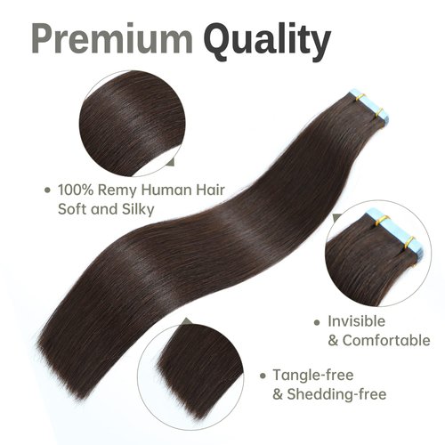 JESSBO Tape in Hair Extensions Human Hair Straight Dark Brown 100% Brazilian Human Hair 16 inch 20pcs 40g/pack Seamless Skin Weft Tape in Extensions for White Women (16 Inch #2 Dark Brown)