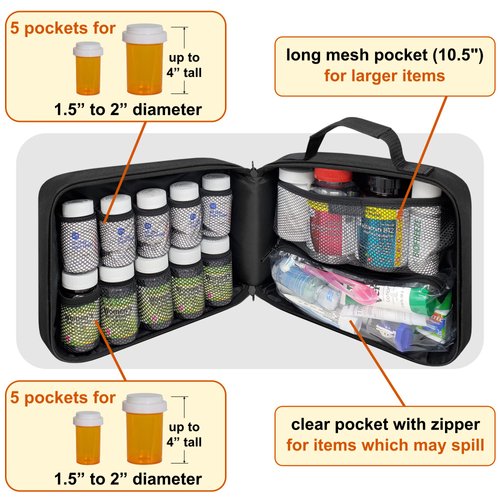 StarPlus2 Large Padded Pill Bottle Organizer, Medicine Bag, Case, Carrier for Medications, Vitamins, and Medical Supplies - Travel Medicine Organizer and Home Storage Med Bag - Black (Without Lock)