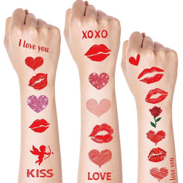 Valentine's Day Tattoo Stickers Heart Sexy Kiss Lip Temporary Tattoos Decal Valentine's Day Decorations Body Fake Tattoo Stickers for Party Supplies 10Sheets (Red kiss)