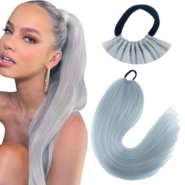 Kediciz Ponytail Extension Warp Around Pony Tail with Hair Tie 24inch Long Synthetic Yaki Straight Braiding Hair Ponytail DIY Braided for Women Girls Daily Party Cosplay,Slivey Grey