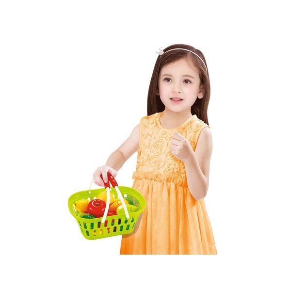 PowerTRC Kitchen Cutting Food Playset for Kids | Includes Vegetables, Fruits, Cooking & Eating Utensils | Comes with Portable Storage Basket