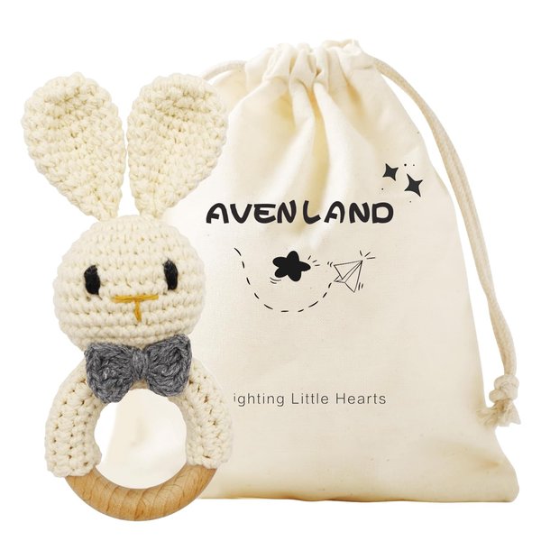 Crochet Bunny Rattle for Baby, Soft Baby Rattle Toys Wooden Ring Rattle for Toddlers Cute Rattle Toy Boy Girl First Rattle Gift Perfect Baby Shower Gift for Moms & Babies, #1 Bunny