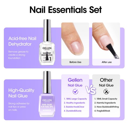 Gellen Nail Glue Gel and Nail Prep Dehydrator Gel Nail Kit, 4 in 1 Soak Off LED UV Nail Glue for False Nails, Acrylic Nails, Clear Press on Nails, Extend Gel for Gel X Nails, Long Lasting for 28+ Days