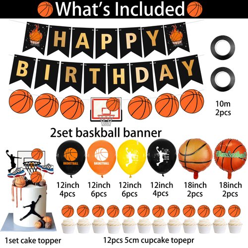 Basketball Party Supplies Happy Birthday Banner, Sneakers Basketball Cake Topper & Basketball Themed Balloons for Kids, Teenagers, Boys and Basketball Fans, Slam Dunk Basketball Party Decoration