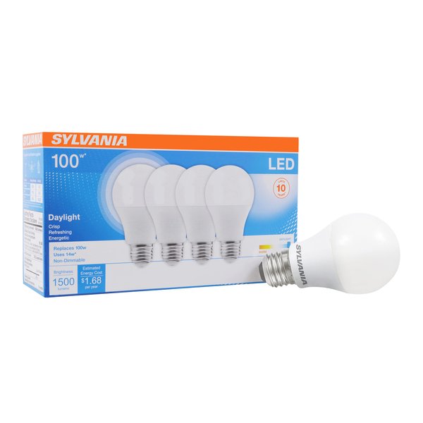 SYLVANIA LED A19 Light Bulb, 100W Equivalent, Efficient 14W, 1500 Lumens, Frosted Finish, Daylight - 4 Pack (78103)