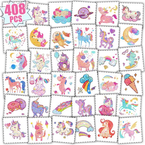 Partywind 204 Styles Glitter Temporary Tattoos for Kids Girls, 34 Sheets Perforated Tattoo Stickers for Girls Party Supplies Favors, Birthday Goodie Bag Stuffers Games Toys