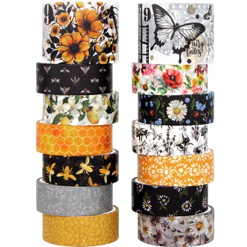 KOVANO Washi Tape Set 14 Rolls, Vintage Bee Floral Butterfly Botanical Washi Tape, Yellow Black Decorative Tapes for Scrapbooking Supplies, Junk Journal, Bullet Journaling, Art Crafts