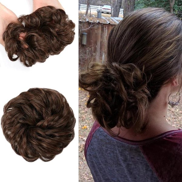 ZMVA 100 percent Human Hair Messy Bun Curly Drawstring Scrunchie Girls Magic Wave Shaper Wedding Donut Ring Daily Lady Styling Tool Accessories for Women (Dark Brown), hmcr0003