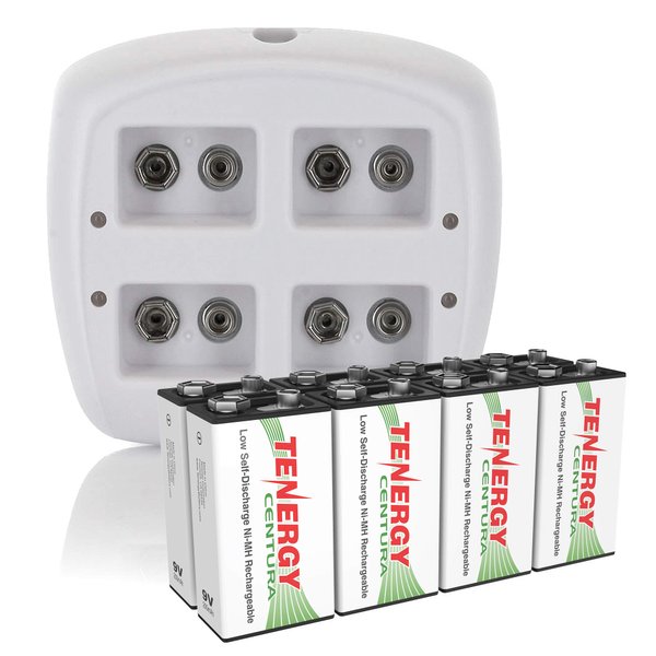 Tenergy TN136 4 Bay 9V Smart Charger with 8 pieces 9V Tenergy Centura (Low Self Discharge) NiMH 200mah Rechargeable Batteries