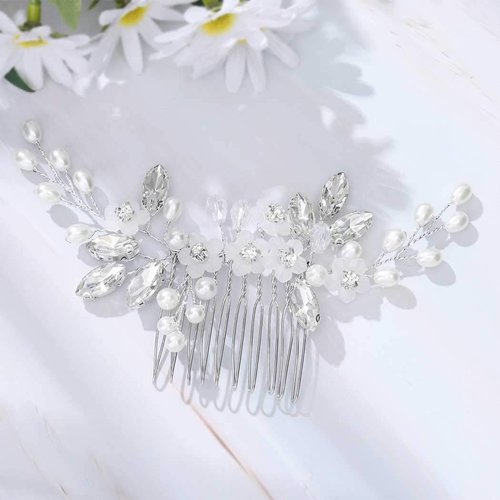 Yean Flower Bride Wedding Hair Comb Sliver Pearl Bridal Hair Piece Crystal Hair Accessories for Women and Girls