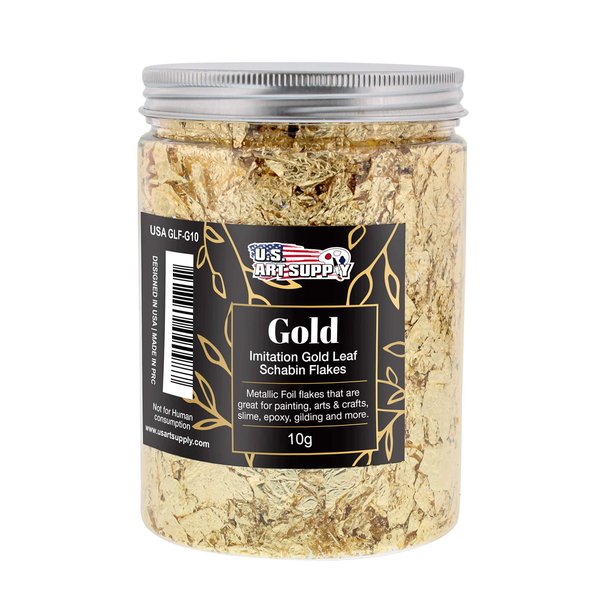 U.S. Art Supply Metallic Foil Schabin Gilding Gold Leaf Flakes - Imitation Gold in 10 Gram Bottle - Gild Picture Frames, Paintings, Furniture, Decorate Epoxy Resin, Nails, Jewelry, Slime