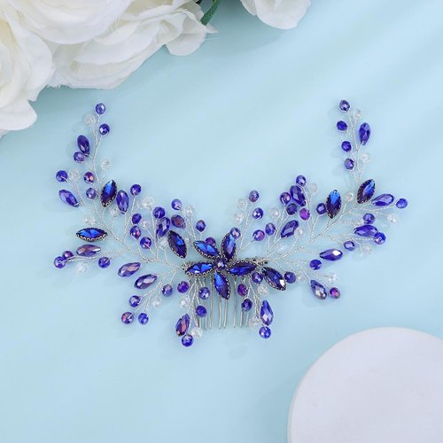 Denifery Crystal Wedding Hair Comb Bridal Flower Rhinestone Hair Side Comb Handmade Blue Crystal Hair Pieces Wedding Hair Accessories for Women Girls