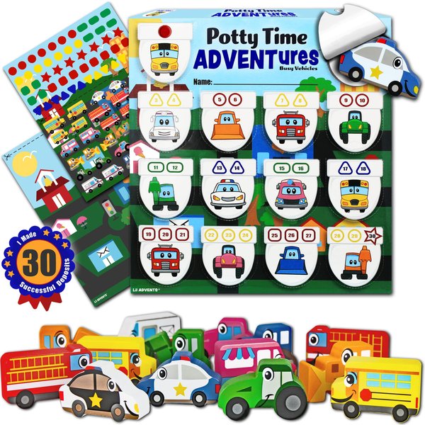 LIL ADVENTS Potty Time ADVENTures Potty Training Game - 14 Wood Block Toys, Chart, Activity Board, Stickers and Reward Badge for Toilet Training, Busy Vehicles