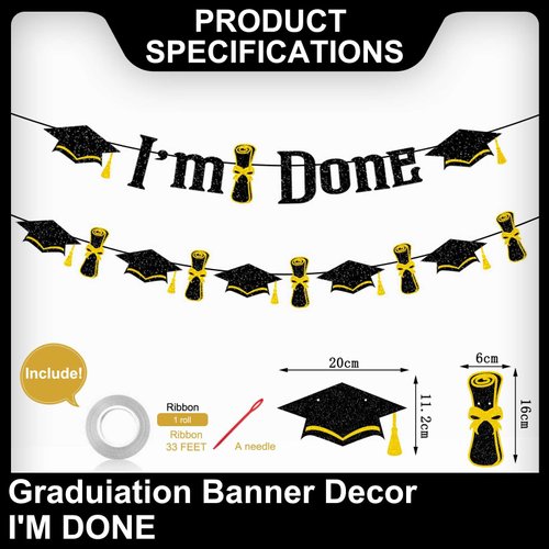 I'm Done Banner Black Glitter 2024 Graduation I'm Done Banner Garland for Congrats Grad Class of 2024 Party Decorations Supplies