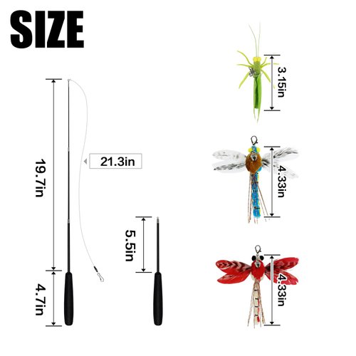TTcat Cat Feather Wand Toys,Retractable Wand Toy with 3 Simulation Insects Refills, Transparent Carbon Wire,Interactive Cat Toy Kitten Toy for Indoor Cats to Play Chase Exercis