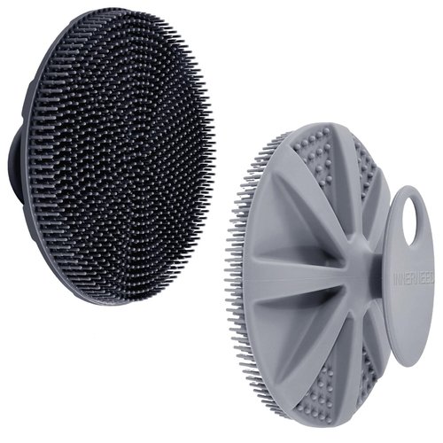 INNERNEED Food-grade Soft Silicone Body Scrubber Shower Brush Handheld Cleansing Skin Brush, Gentle Exfoliating and Lather Well (Black+Gray)