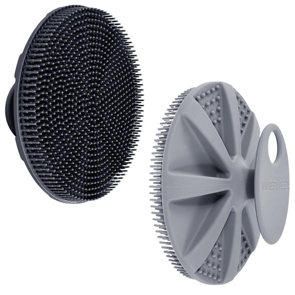 INNERNEED Food-grade Soft Silicone Body Scrubber Shower Brush Handheld Cleansing Skin Brush, Gentle Exfoliating and Lather Well (Black+Gray)