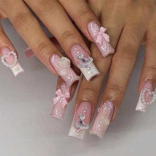 24 Pcs Square Press on French Tip Fake Nails Full Cover 3D Rhinestone Acrylic False Tips with Gems Sweet Pink Stick on Artificial Nails for Women Manicure Decorations
