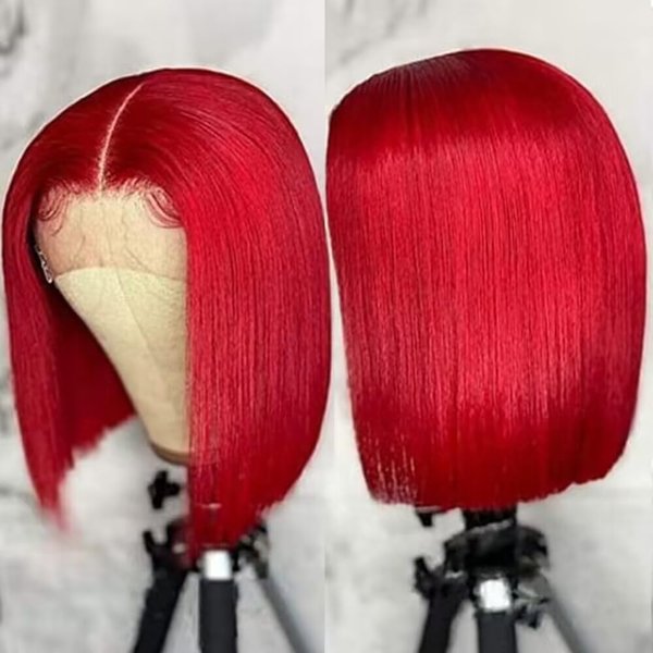 HD Transparent Pre Plucked Blunt Cut Red Bob Wigs Human Hair Lace Front Wigs With Baby Hair Natural Hairline Wear and Go Glueless Wigs Human Hair Pre Cut HD Lace Frontal Red Bob Wigs For Black Women