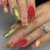 QQPPOLIU Press on Nails,3D Nails Long Press on Nails Square Fake Nails with Design (Red&Cherry Blossom)