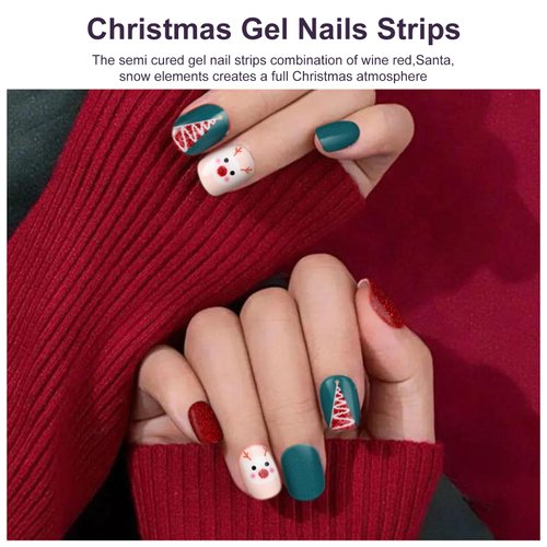 DUKASOU Semi Cured Gel Nail Strips,28 pcs Christmas Nail Stickers Full Nail Wraps,Long Lasting Gel Nail Strips with Any UV Light,Red Green Christmas Sticker for Nails Easy to Apply