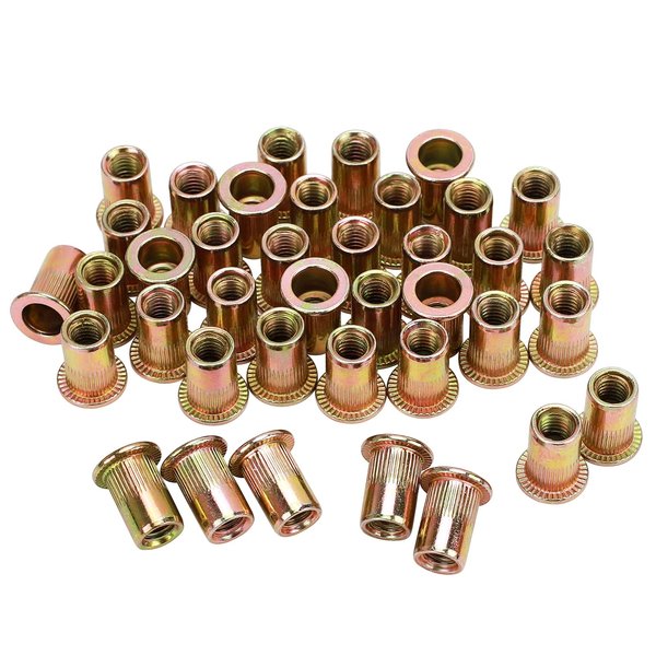 PRECIHW 100pcs M6 Rivet Nuts, M6 Flat Head Rivnut Threaded Insert Nuts with Knurled Body, Metric Zinc Plated Carbon Steel Insert Nutsert for Automotive, Furniture, Decoration