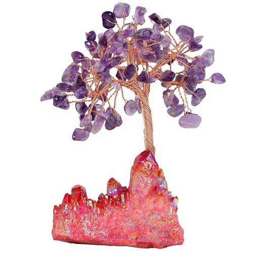 mookaitedecor Amethyst Crystal Tree, Quartz Cluster Red Titanium Crystals Base Bonsai Money Tree for Wealth and Luck
