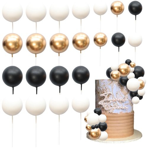 Ephlyn 30Pcs Ball Cake Topper Ball Cake Picks Colorful Pearl Ball Shaped Cupcake Insert Cake Topper for Bear Theme Birthday Party Favors Wedding Decoration Light Gold Black White