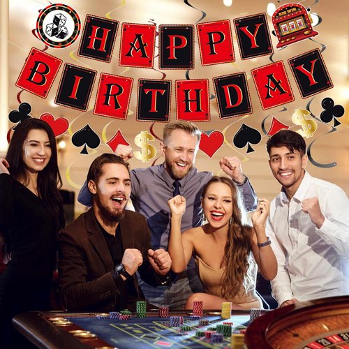 Pre-Strung Casino Party Decorations - 11PCS Casino Theme Happy Birthday Banners Red Black Poker Birthday Party Decorations Casino Hanging Swirl Decor Supplies Casino Games Birthday Party