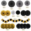 Recosis Black and Gold Decorations, Paper Pompoms Fan for Graduation Birthday Wedding Prom Night New Years Black and Gold Party Decorations