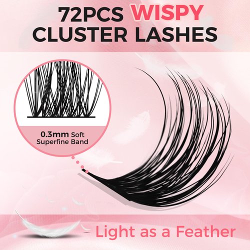 Miuffue Cluster Eyelash Extensions 72 PCs Cluster Lashes DIY Eyelash Extensions Wispy Individual Lashes Eyelash Clusters Super Thin Band Soft Mixed Tray (Volume, D-8-16mix)