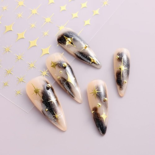 8 Sheets Star Nail Art Stickers Decals Self-Adhesive 3D Nail Art Supplies Gold Silver Black White Nail Art Design Decoration Accessories for Women Girls Manicure DIY