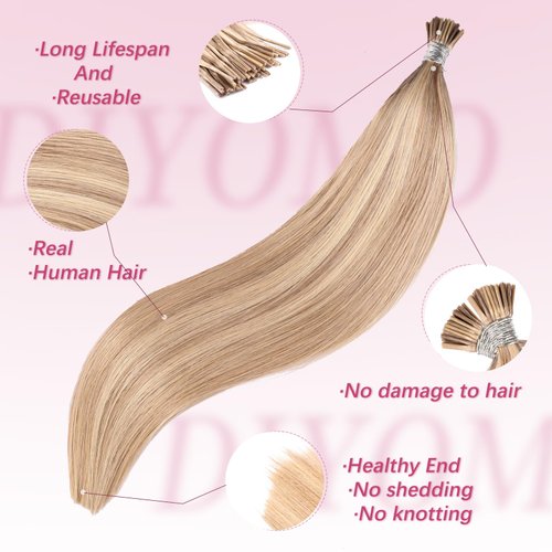 DIYOMO I Tip Hair Extensions - Human Hair, #16/22 Light Blonde Highlighted Bleach Blonde 24 Inch I Tip Hair Extensions For Women Soft & Natural Itip Hair Extensions Itip Human Hair Extensions 50G/50S