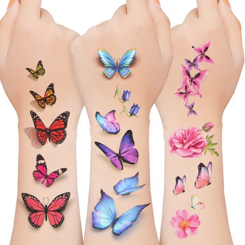 LOMIMOS Spring 200+pcs 3D Butterfly Temporary Tattoos,Waterproof Stickers for Kid Adult Body Art Party Goodie Bag(20 Sheets)