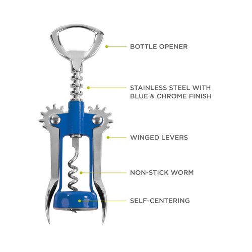 True Soar Winged Corkscrew Wine Opener - Self Centering Worm, Stainless Steel, Manual Wine Bottle Opener, Blue