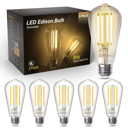TJOY Edison Light Bulbs 60W Equivalent, Dimmable Vintage LED Light Bulbs, E26 Medium Base, Warm White 2700K, ST58, 8W, 800LM, 80+ CRI, Antique Decorative Filament LED Bulb, Clear Glass, 6 Pack