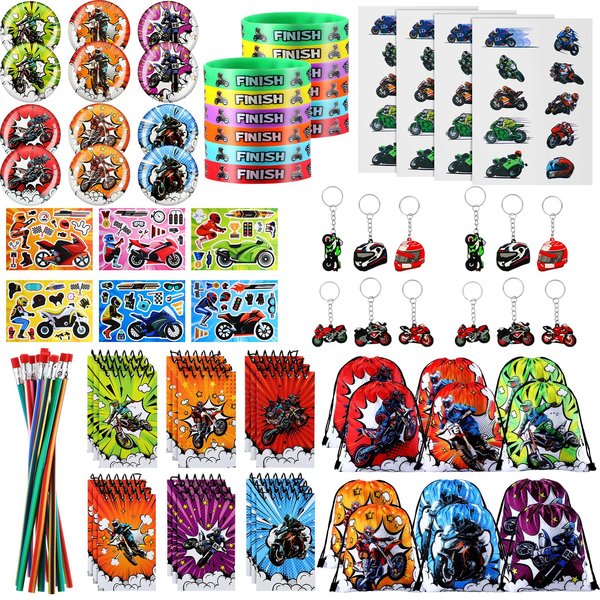 Bulyoou 102 Pcs Dirt Bike Party Favors Motorcycle Party Decorations Includes Drawstring Backpacks, Silicone Bracelets, Spiral Notepads, Badges, Keychains, Bendable Pencils, Puzzle Stickers