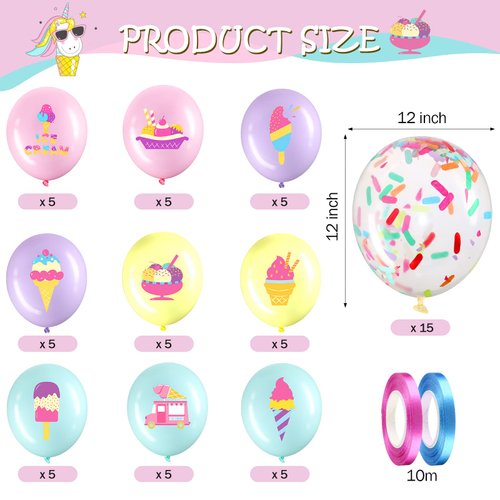 60 Pack Ice Cream Party Balloons Decorations, 12 Inch Sprinkles Party Confetti Latex Balloons for Kids Sweet Summer Ice Cream Birthday Party Baby Shower Supplies