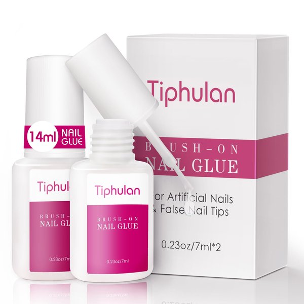 TIPHULAN 14ml Brush On Nail Glue for Press On, Acrylic Nails - Super Strong, Durable & Long-Lasting, Mess Free, Travel Friendly, 0.46 oz(2PCS)