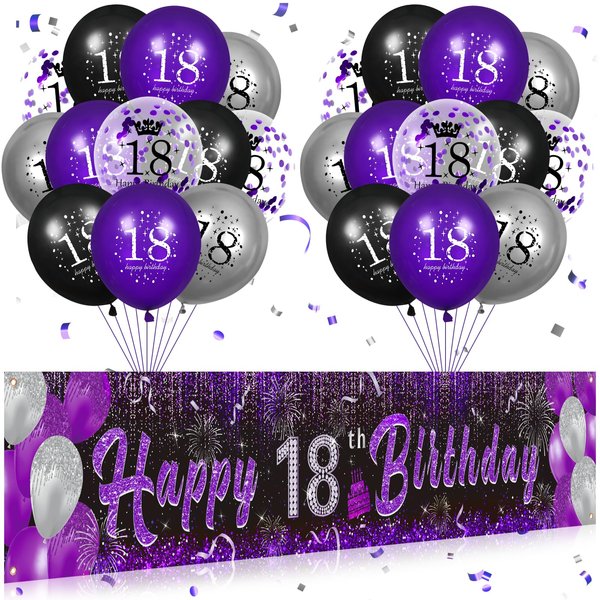 Purple 18th Birthday Decorations, Black Purple Silver Happy 18th Birthday Yard Banner and 24pcs 18th Birthday Balloons for Women Girls 18th Birthday Anniversary Party Supplies Indoor Outdoor Decor