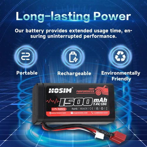 Hosim 2PCS 7.4V 1500mAh 15C Lipo Battery RC Lipo Batteries with 2 USB Chargers, 1 Battery Bag & 1 Battery Strap for Brushless RC Car Remote Control Car Truck RC Boat