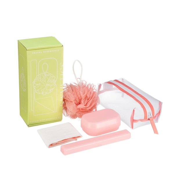 KISMETICS - Travel Essentials 5 Piece Bath Accessory Kit, Bath Accessories with Toiletry Bag, Doop Kit (Coral)