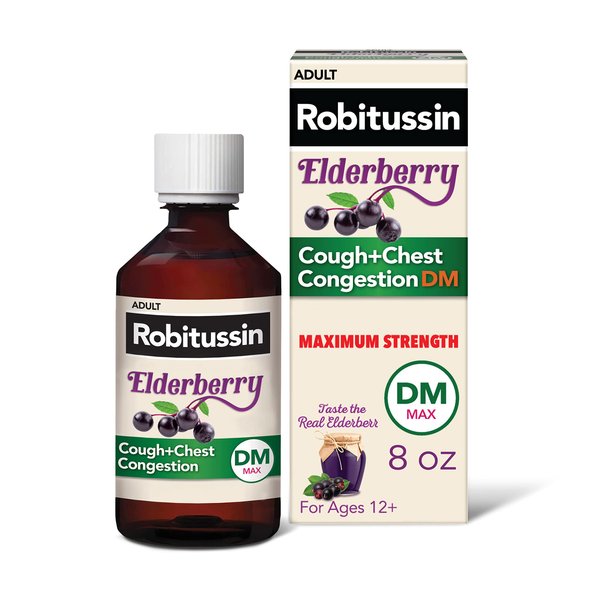 Robitussin Maximum Strength Elderberry Cough Plus Chest Congestion DM, Cough Suppressant for Adults, Providing Non Drowsy Liquid Cough and Chest Congestion Relief - 8 Fl Oz