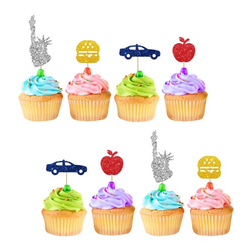 24pcs New York Cupcake Toppers, New York Landmarks Cupcake Toppers, Colorful Glitter New York City Cake Decoration for Boy Girl, New York Themed Wedding/Birthday Party Supplies