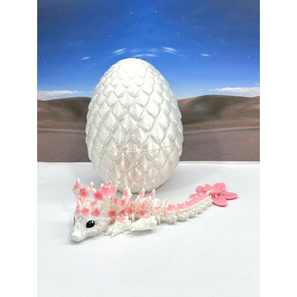 3D Printed Baby Dragon with Dragon Egg, 6" Articulated White and Pink Cherry Blossom Baby Dragon, Home Decor Executive Desk Toys,Fidget Toys for Autism/ADHD BD004-WHT